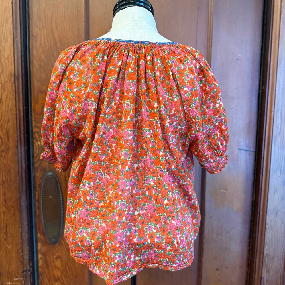 Natural Life Floral Peasant Blouse Medium Boho Red Pink Blue Tie Puff Sleeve M - Picture 2 of 5